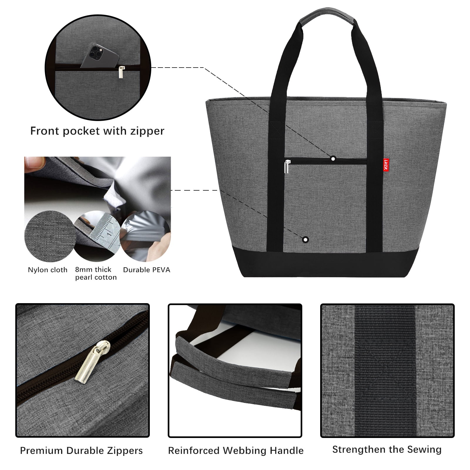 Youfenhome Insulated Cooler Bag Heavy Duty Collapsible Tote Soft Cooler Leakproof, Thermal Insulated Portable Grocery Bag, Travel Insulated Bag, Beach Cooler Bags (Grey)