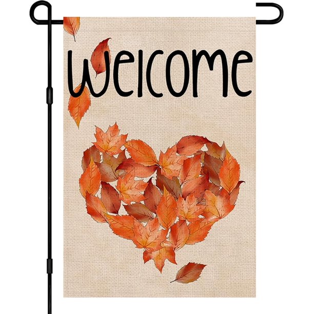Bandera de jardín de arpillera con forma de corazón de hoja de arce otoñal, de doble cara, de 30 x 45 cm, estilo granja otoñal, ideal para decoración de exteriores y césped.