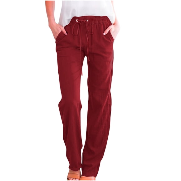 Weiqiqre Women's Paperbag Waist Trousers Elastic Linen Pants Casual Straight Fit Elastic Waisted Drawsting Trousers with Pockets