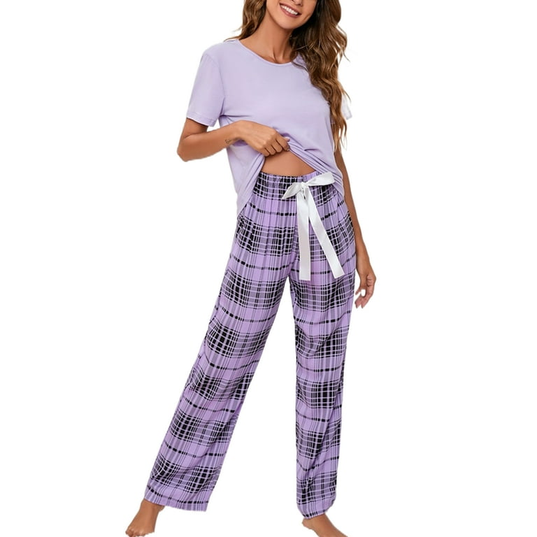 Grianlook Ladies Sleepwear Pjs Loungewear Elastic Waist Nightwear Women Two  Pieces Outfits Lounge Set Baggy Drawstring Pajamas Sets Purple M 