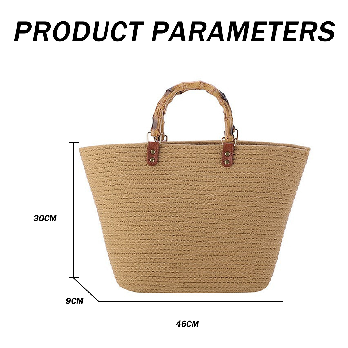 Women Straw Large Tote Bag Retro Bamboo Handle Strip Beach Handbag Summer Woven Handmade Elegant Travel Purse - khaki