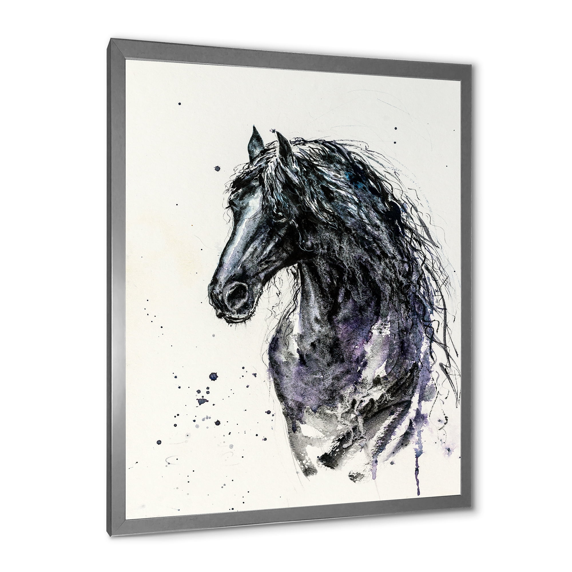 Designart 'Close Up of Friesian Horse With Long Manes' Farmhouse Framed Art Print