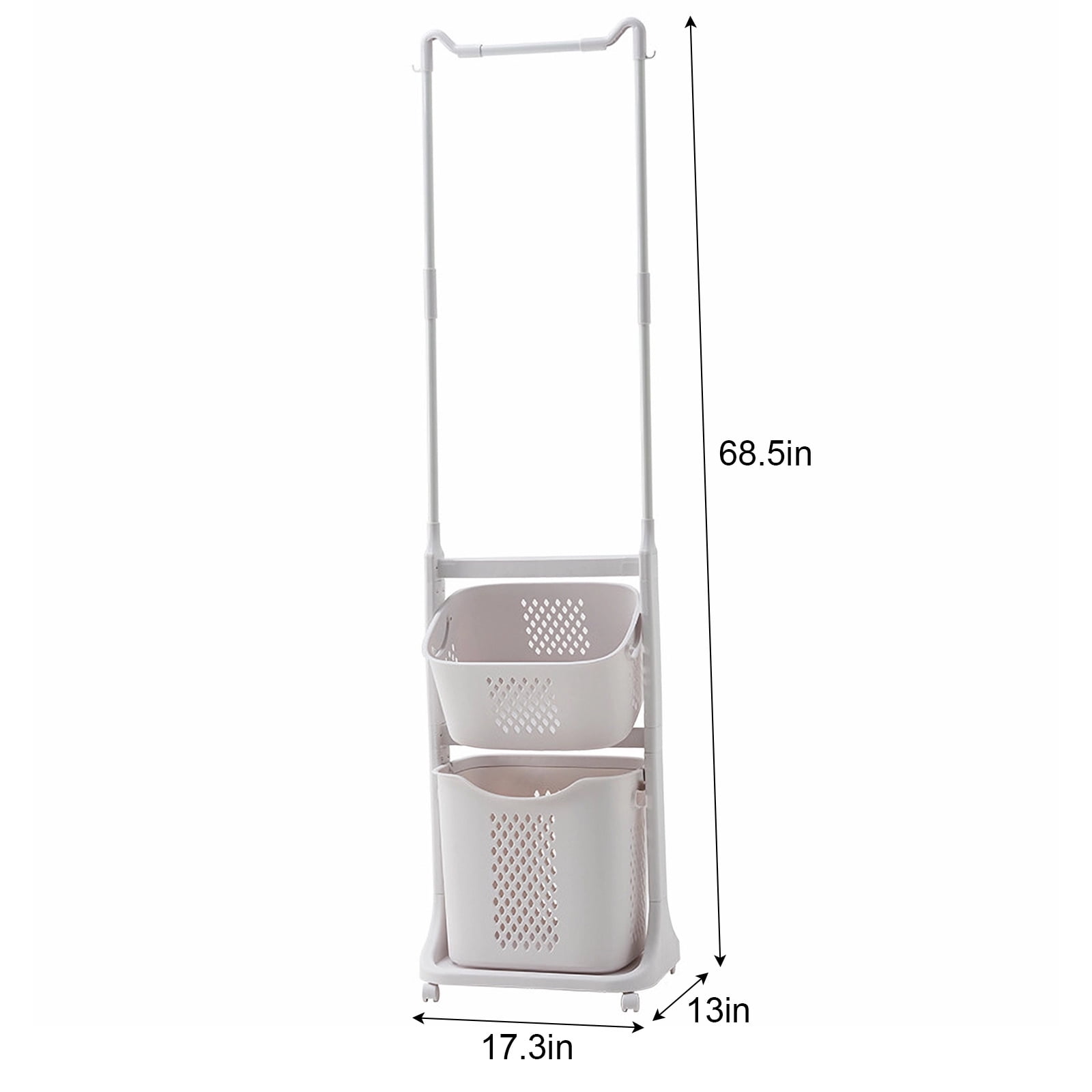2-Tier Laundry Hamper Sorter with Hanging Bar, Rolling Laundry Baskets with Wheels Removable, Stackable Laundry Cart Organizer and Storage for Small Space, Dorm, Closet, Bathroom
