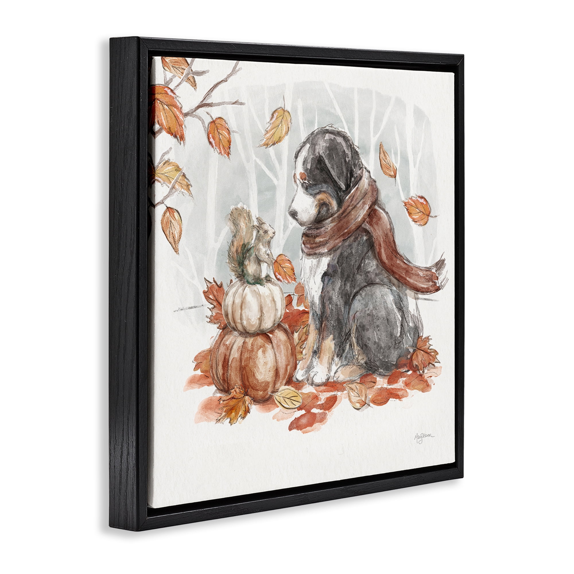 Stupell Industries Dog & Fall Pumpkins Holiday Painting Black Floater Framed Canvas Art Prints Wall Art, 18 x 18