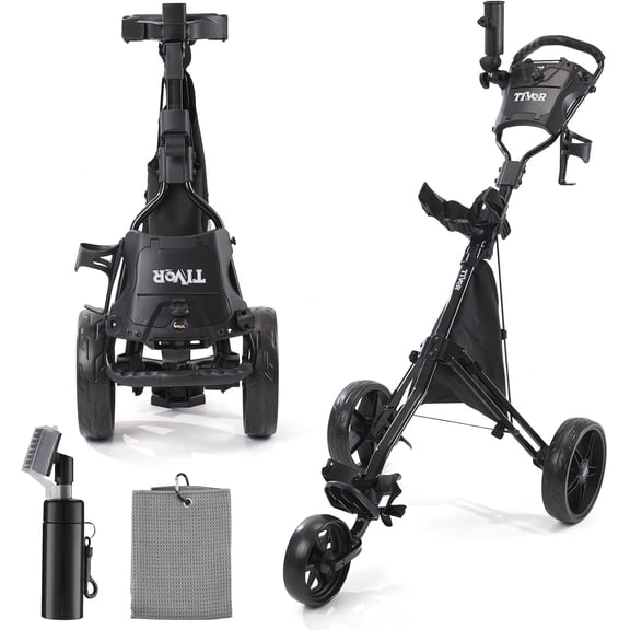 Tivor 3 Wheel Golf Push Cart – Lightweight Foldable Pull Cart with One-Click Folding, Adjustable Height, All-Terrain Wheels, and Storage for Phone, Cup, Umbrella – Ideal for Ladies, Juniors & Seniors