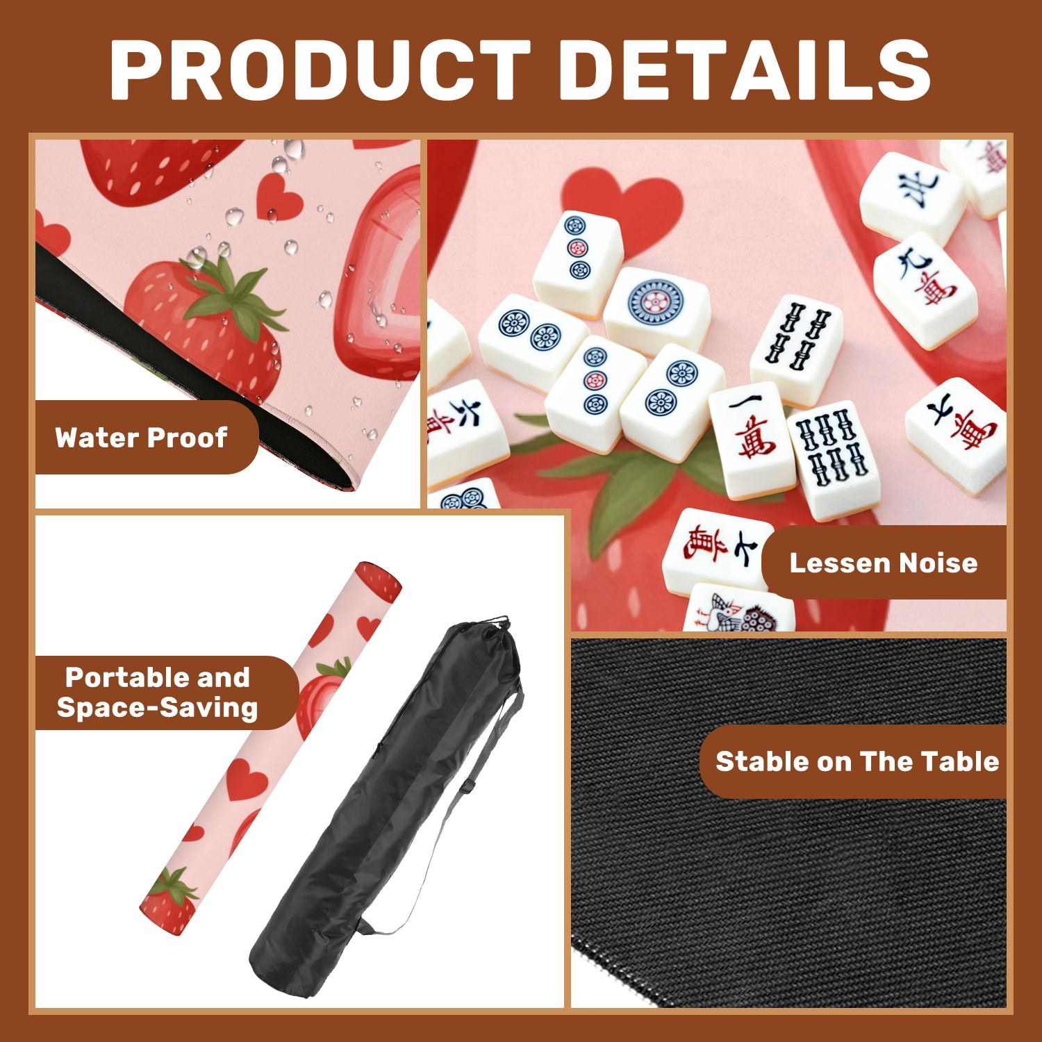 Mahjong Mat 31.5" x 31.5" Strawberry Heart Pastel Pink Non-Slip Noise Reduction American Mahjong Tiles Table Cover for Dominoes Poker Card Board Games Gift