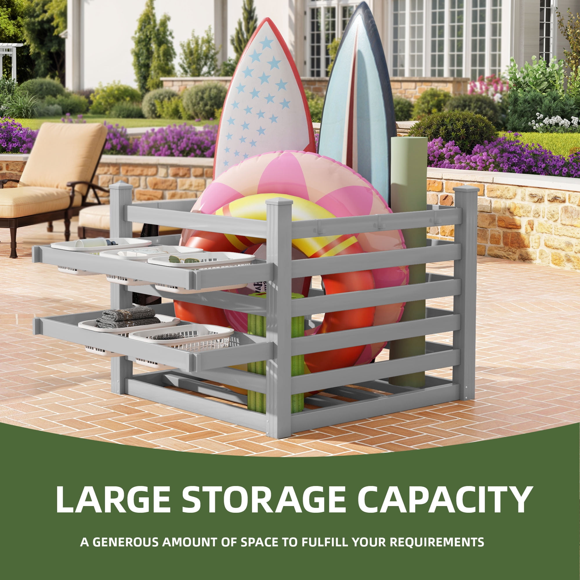 Uforic Pool Storage Bin Gray 64"x46"x38" Resin Deck Box with 6 Movable Hooks for Poolside Towels Goggles and Accessories