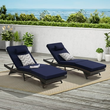 CASADEAR Outdoor Wicker Long Reclining Chair Set of 2 , Wicker Reclining Lounge Chair Lawn Sunbathing Chairs Recliner up to 150° Beach Poolside Garden dark blue