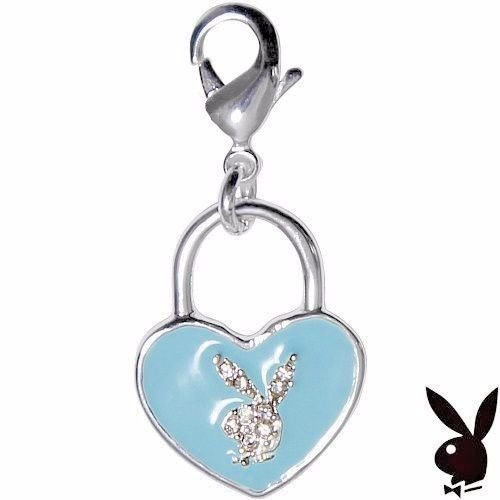 Playboy Charm Bunny Heart Shaped Lock Blue Enamel Swarovski Crystals Lobster Clasp Bracelet