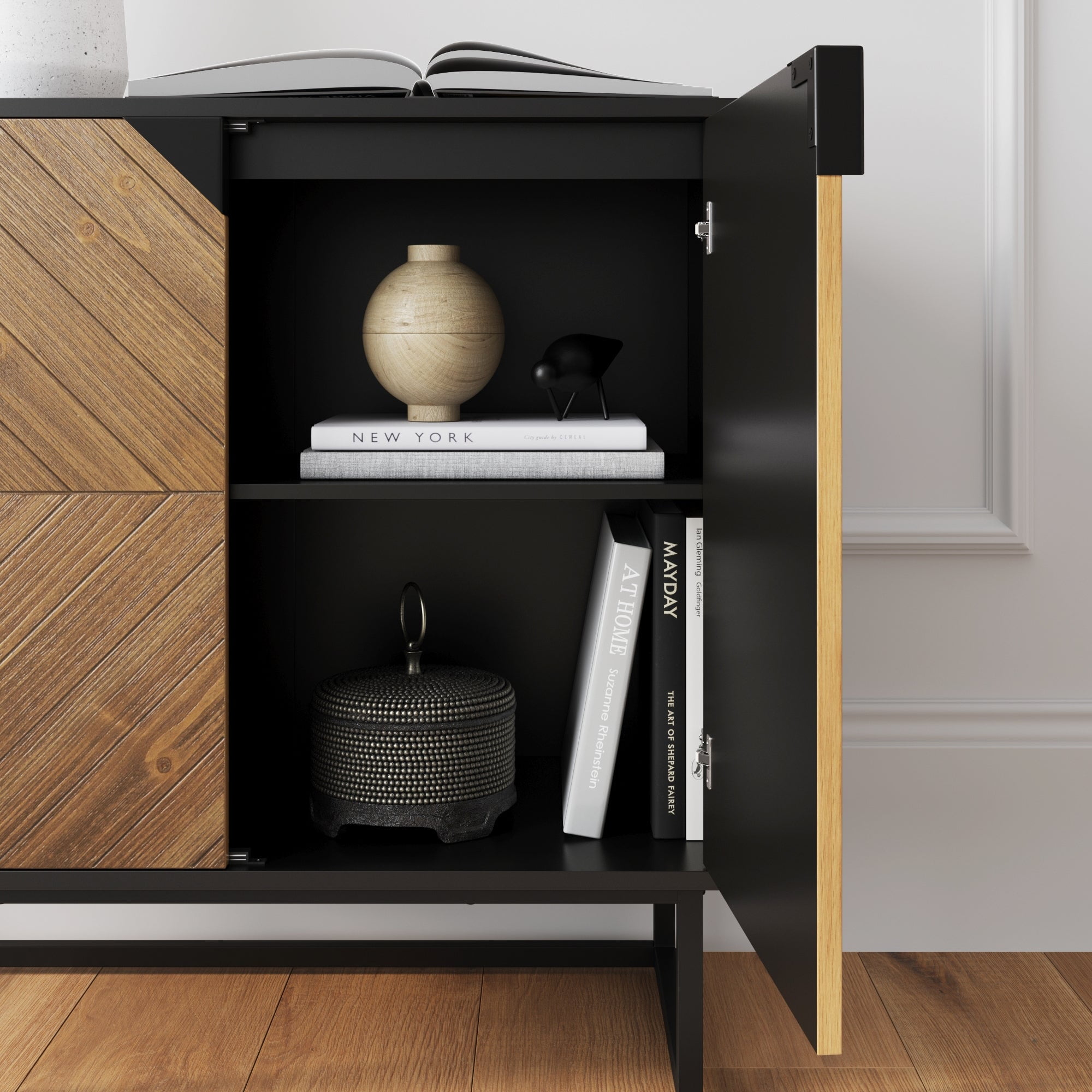 Nathan James Enloe Brushed Fir Rustic Doors Black Metal Frame Base Modern Accent Storage Cabinet for Entryway