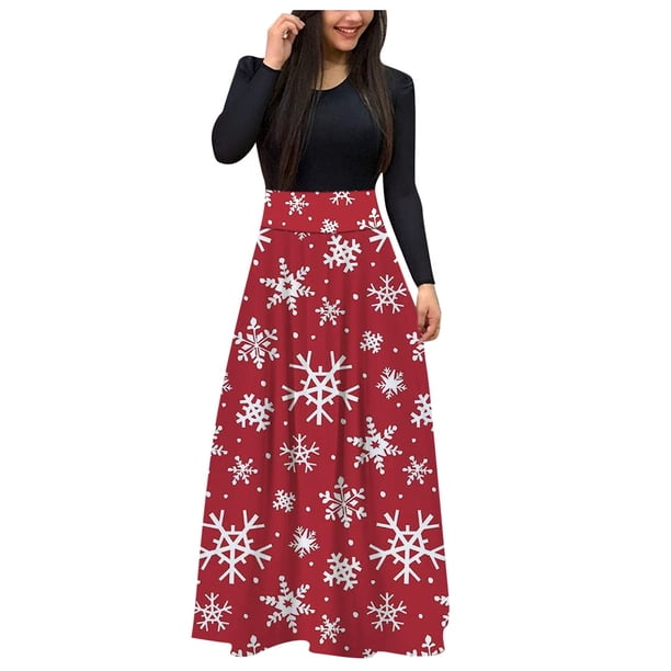 Vestido de manga larga para mujer Navidad cuello redondo Santa muñeco de nieve estampado cintura alta Boho Maxi vestido Casual fiesta vestido de noche Fridja nbo1753