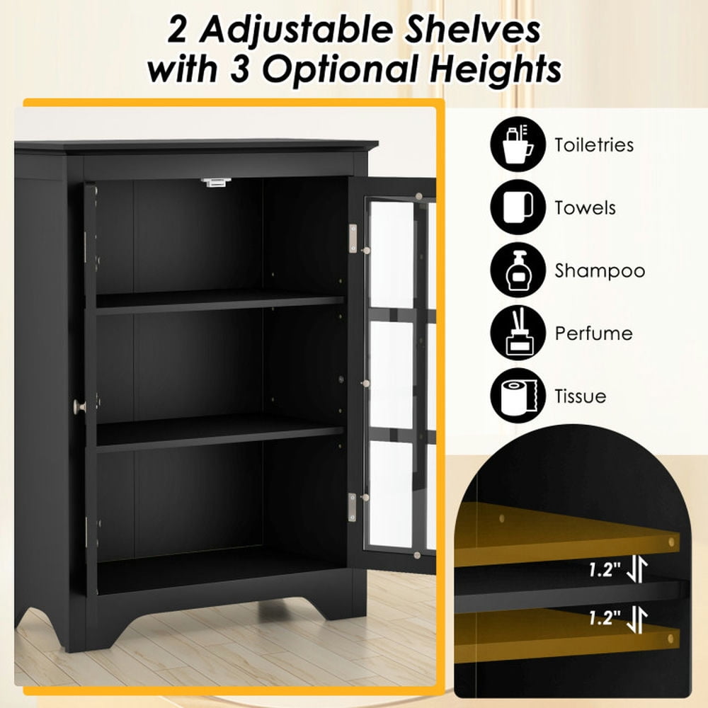 Finihen Storage Cabinet, Floor Cabinet, Freestanding Display Storage Cabinet with 2 Glass Doors and Adjustable Shelves, for Bathroom, Living Room, Bedroom, Kitchen, Black