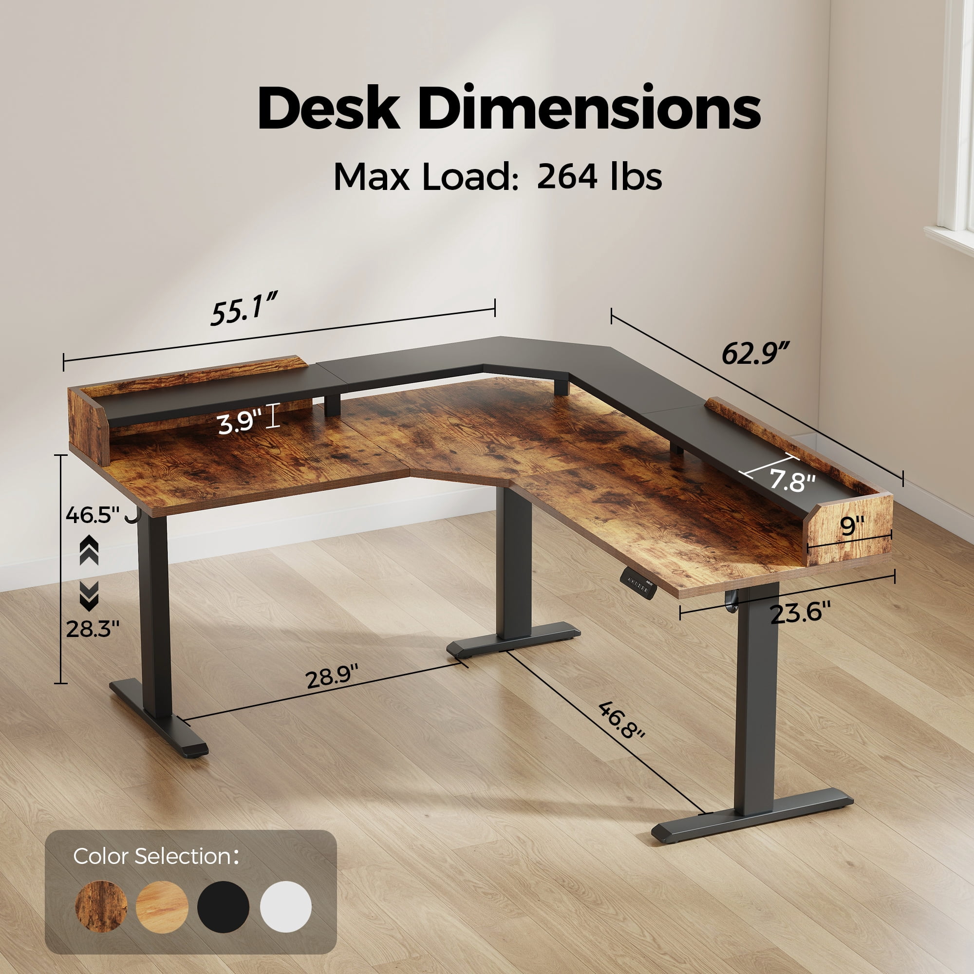 62.9" Electric Height Adjustable L Shaped Standing Desk with Monitor Shelf, Computer Desk with Storage,Sit Stand Corner Desk for Home Office Workstations,Rustic Brown