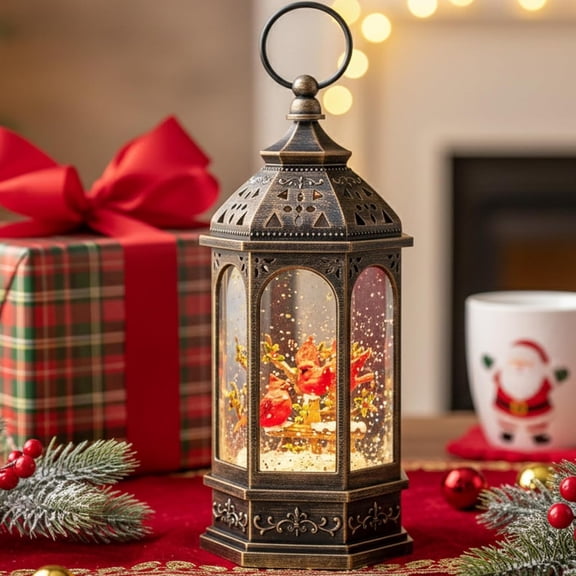 SHILIU-Christmas Snow Globe Lantern Water Glittering 10.5'' Cardinal with Music& Timer, USB Lined/Battery Operated Lighted Lantern for Christmas Festival Decoration Gifts