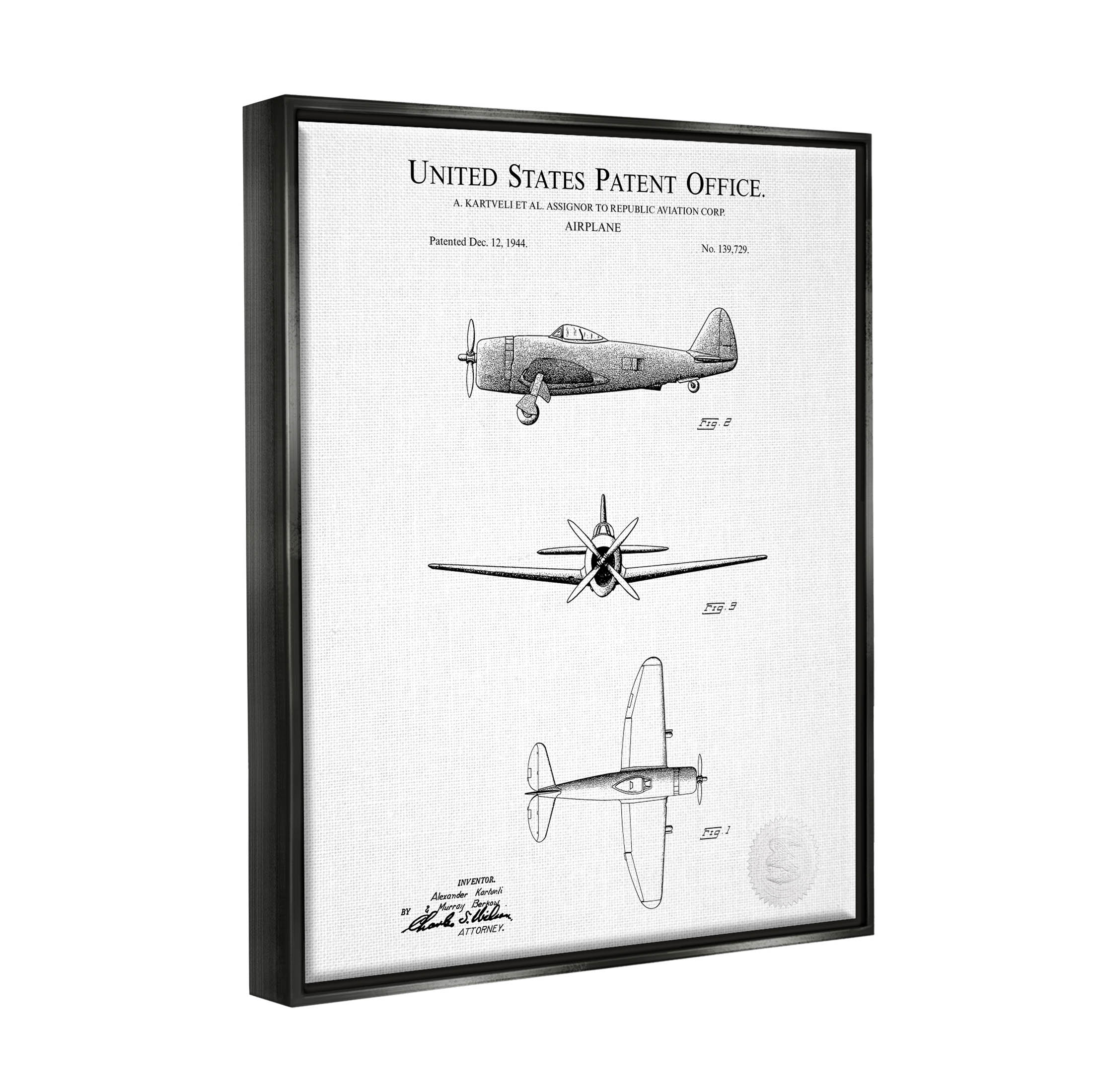 Stupell Industries Detailed Patent US Airplane Graphic Art Jet Black Floating Framed Canvas Print Wall Art, Design by Karl Hronek