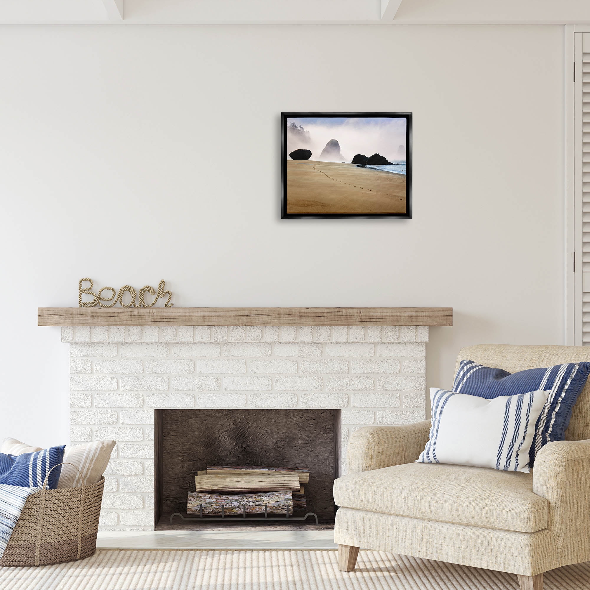 Stupell Industries Beach Sand Footprints Foggy Cliffs Coastal Photography Black Floater Framed Art Print Wall Art
