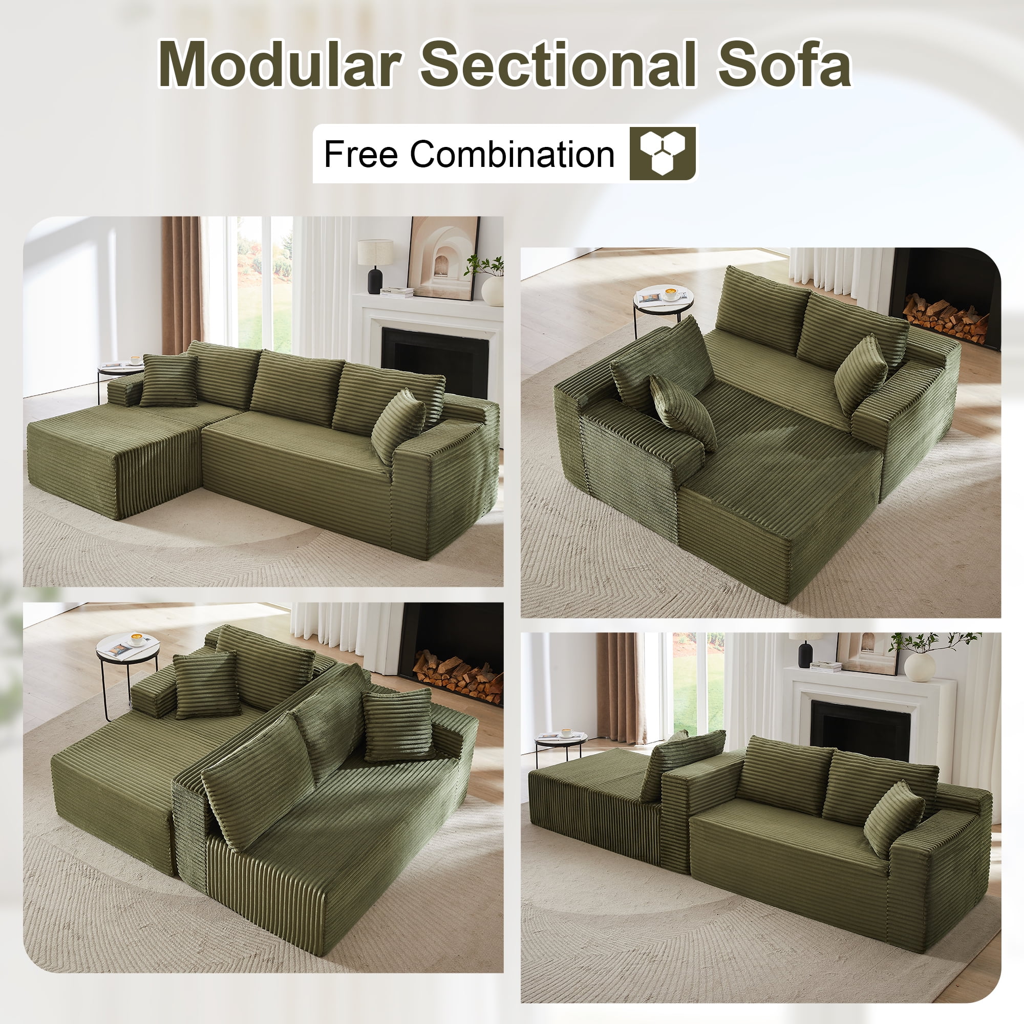 GNIXUU 103” W Corduroy Boneless Couch, L-Shaped Sectional