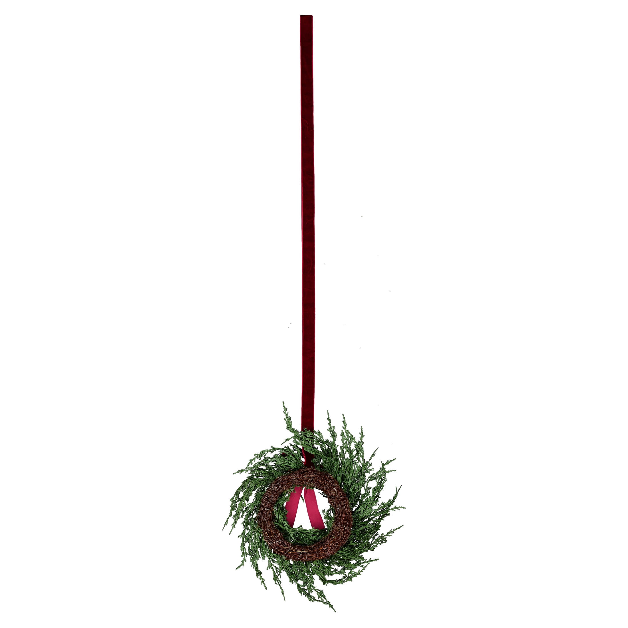 My Texas House Evergreen Artificial Christmas Wreath with Velvet Ribbon, Green and Red, 12"