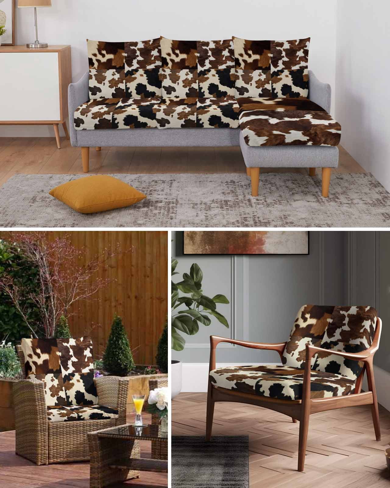 Cow Patterned Couch Cushion Covers,Stretch Seat Cushion Covers for Sectional Sofa,Vintage Farmhouse Abstract Country Western L-shaped Sofa&nbsp;Slipcovers Furniture Protector W/ Elastic Straps 1Pcs,L