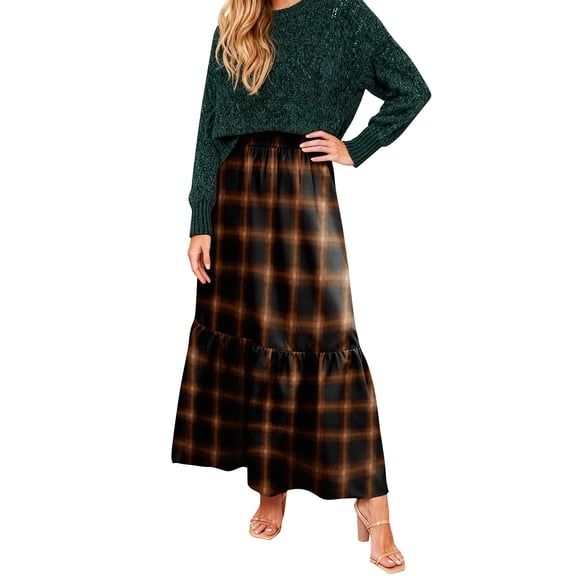 Wutalume Women's Plaid Print Ruffled Casual Long Skirt, Loose Fit Tiered Maxi Skirt with Pleated Detail, Bohemian Style for Everyday,Brown L