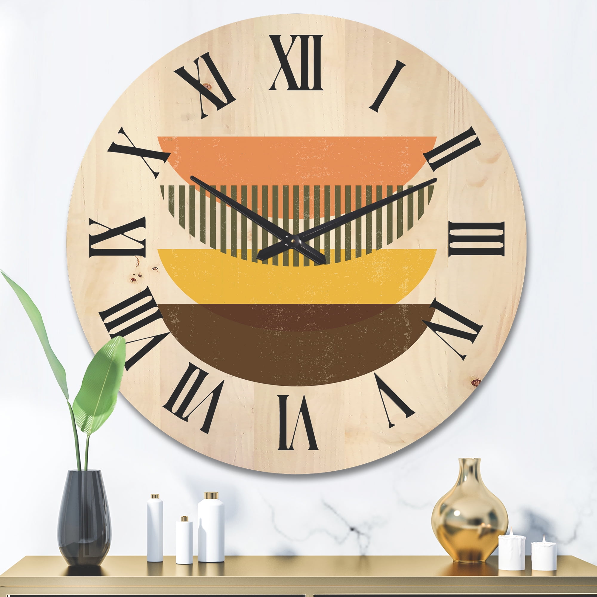 Designart 'Half Moons In Earth Tones Abstract Geometric Art' Modern Wood Wall Clock