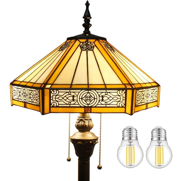 Tiffany Floor Lamp W16H64 Inch Yellow Stained Glass Hexagon Mission Style Shade Antique Standing Read Lighting Resin Base 2E26 S011 LAMPS Lover Gift Bedroom Living Room Bedside Coffee Table