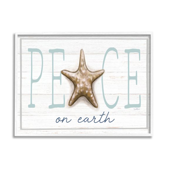 Stupell Industries Peace On Earth Starfish Sign Graphic Art White Framed Art Print Wall Art, Design by Elizabeth Tyndall