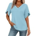 thumbnail image 7 of JGGSPWM Womens Fashion Solid Color Ruffle V Neck T-Shirts Casual Short Sleeve Shirts Summer Lounge Tunic Tops Blue M, 7 of 7