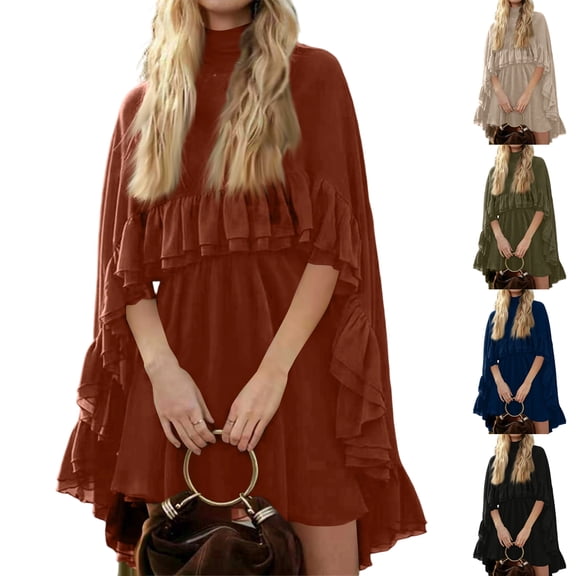 Women’s Semi Sheer Chiffon Ruffle Dress with Outer Cape, Poncho Sleeve Flowy Mini Dress, Loose Fit Elegant Summer Dress