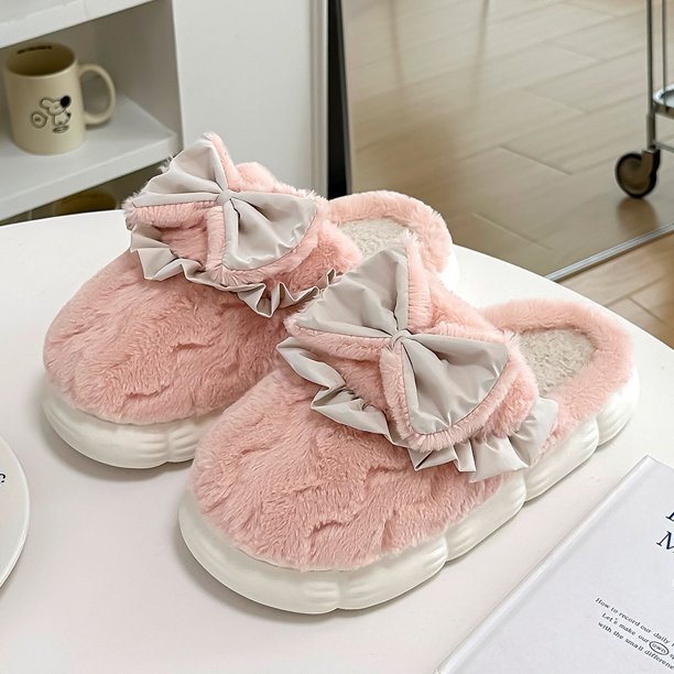 QYCKABY Zapatillas de algodón de felpa cálidas de invierno para mujer, suela gruesa, calzado de interior para el hogar, diseño de moda, suaves y elegantes, pantuflas de piel para exteriores