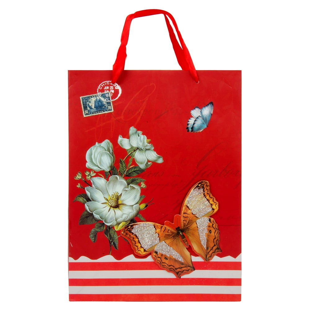 Premium Reusable Elegant Stenciled Butterfly Paper Gift Bag with Satin