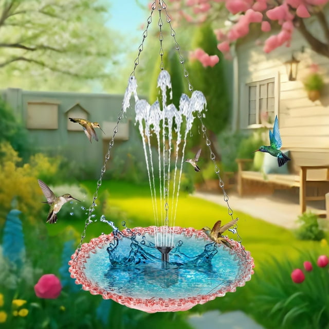 Outdoor Bird Bath & Feeder - Hanging & Floating Garden Decor | Plastic & Metal Construction | USB Powered | Lightweight
