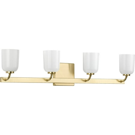 

Moore Collection Four-Light Satin Brass White Opal Glass Luxe Bath Vanity Light