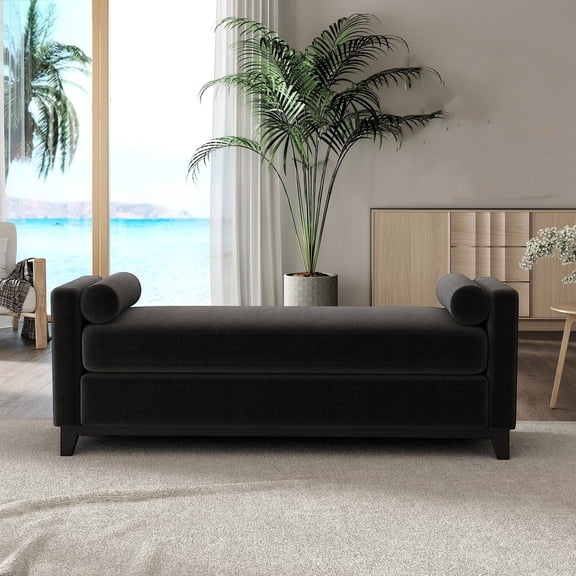 Cterwk 66.34 inches Fleece Bench with Wood Legs and 2 Bolster Pillows, Upholstered Ottoman for Bedroom, Living Room, Entryway, Black