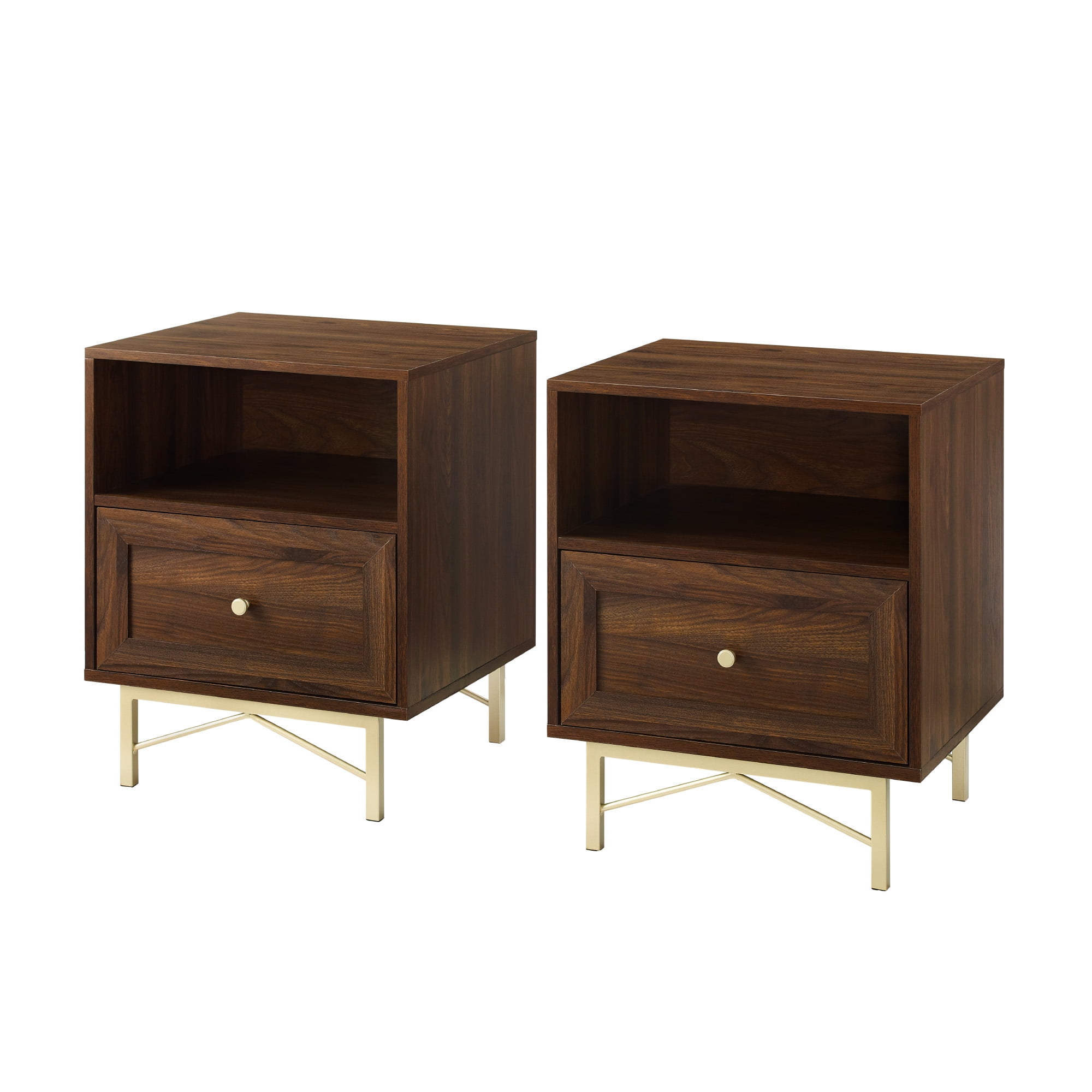 Walker Edison Modern Single Drawer Nightstand, Set of 2, Dark Walnut