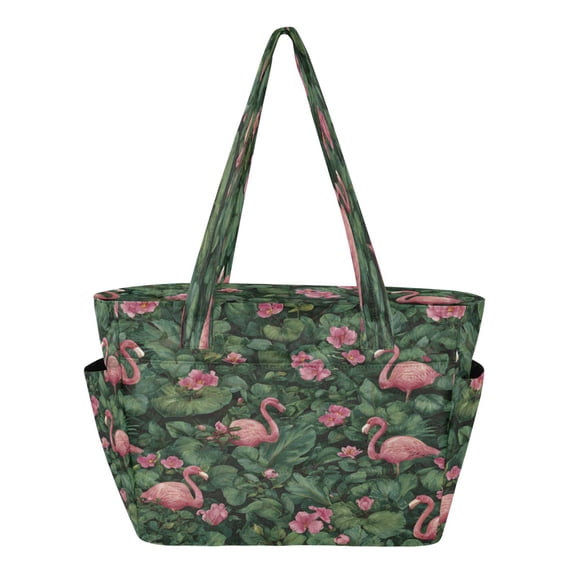 Quilted Tote Bag Large Capacity Multi-Compartment Handbag Lightweight Structured Shoulder Bag Versatile Casual Bag Beautiful Flamingos