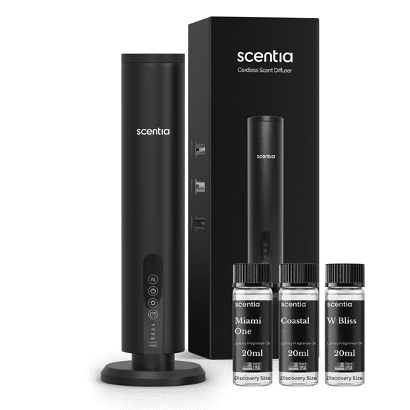 Scentia Max Black Wireless Waterless Hotel Scent Diffuser | Includes Discovery kit 20ml | App Controlled, Cordless | Home, Office, Spa, Aromatherapy | Covers 1500 Sq Ft | 72 Hrs in 1 Charging
