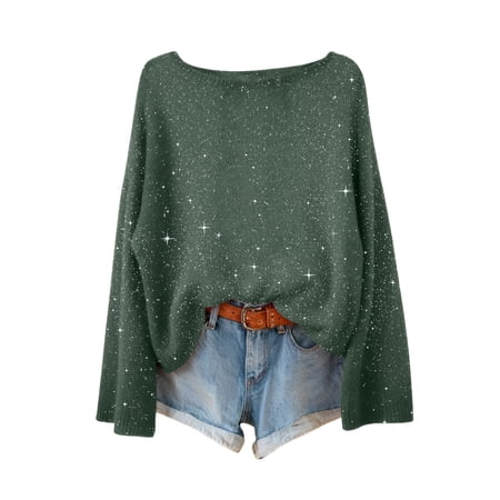ZHOUCHANKIDS Women s Long Sleeve Off Shoulder Pullover T-Shirt Womens Fashion Crewneck Sequin Long Sleeve Casual Patchwork Sparkle Shimmer Pullovers Sweaters Green L