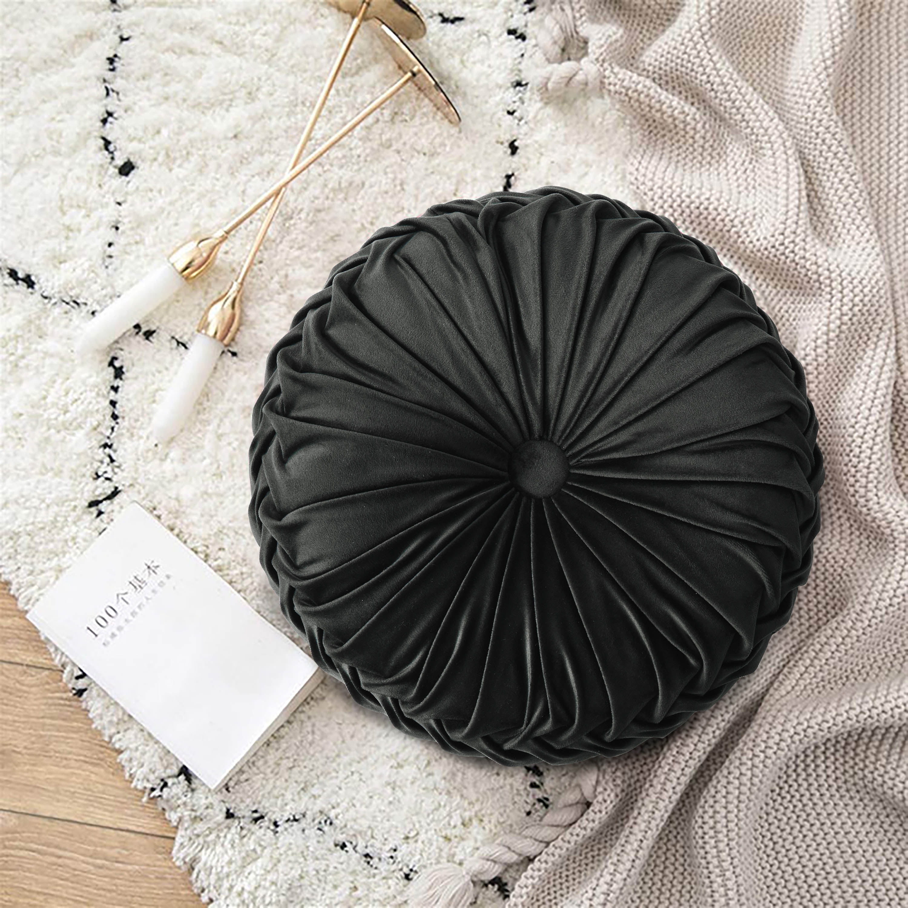 HIG Set of 2 Pumpkin Pleated Round Throw Pillows, Soft Velvet, Black, 14.5" Diameter