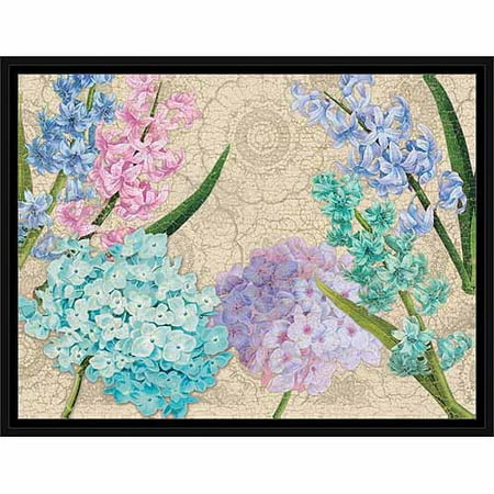 Beige Crackle Finish - Spring Hydrangea Flowers on Crackle Texture Painting Tan & Blue, Framed Canvas Art by Pied Piper Creative