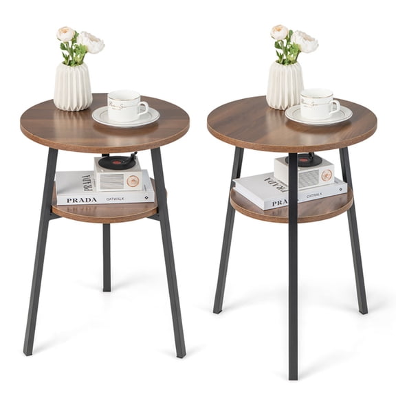 Spaco 2-Tier Round End Table Set of 2 with Open Shelf and Triangular Metal Frame, Side Table for Indoor as Living Room Hallway Laundry, Walnut