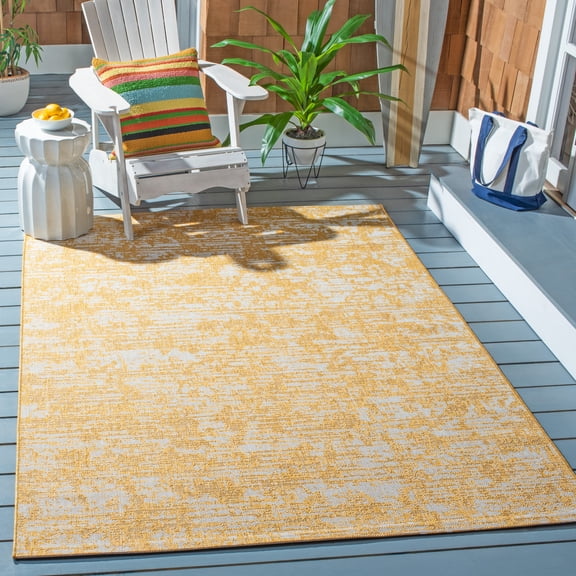 SAFAVIEH Courtyard Isolde Abstract Indoor/Outdoor Area Rug, Gold/Ivory, 6'7" x 6'7" Square