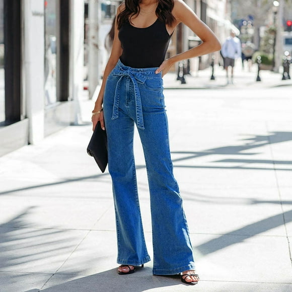 Frostluinai Tie Flare Jeans for Women Elastic Waist Bootcut Denim Pants Classic Casual Business Work Jean Pants Loose Fit Jeans with Pocket