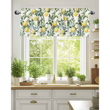 Rod Pocket Window Valances Summer Watercolor Lemon Fruit Short Kitchen Curtains Vintage Citrus Leaf Window Treatment Drapes for Bedroom Bathroom Living Room 42x18In 1 Panel