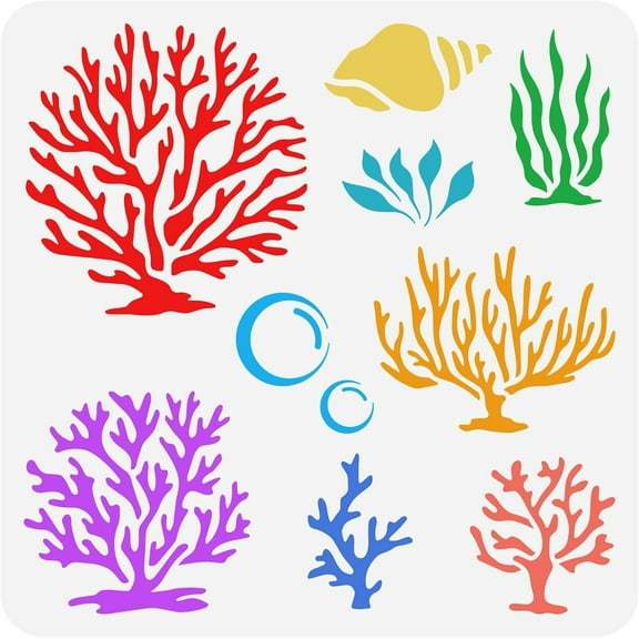 Sea Coral Wall Stencil 11.8x11.8inch Reusable Seaweed Corals Conch Painting Template DIY Art Summer Themed Sea Life Stencil for Painting on Wall Wood Scrapbooking colorful