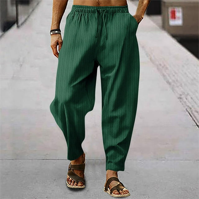 Pants Man White Linnen Solid Stripes Straight Casual Trousers Solid Color Drawstring Loose Dry Gym Sports Sweatpants