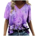 thumbnail image 2 of CNKOO Hauts pour Femmes Mode Décontractée Imprimé Col en V Manches Courtes T-shirt Imprimé Bleu G, 2 of 5