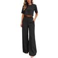 thumbnail image 2 of BRELIL Women Two Piece Set Round Neck Short Sleeve Crop Top Wide Leg Pants Casual Solid Basic Lounge Outfits Vacation Travel Summer Matching Set, Black M, 2 of 8