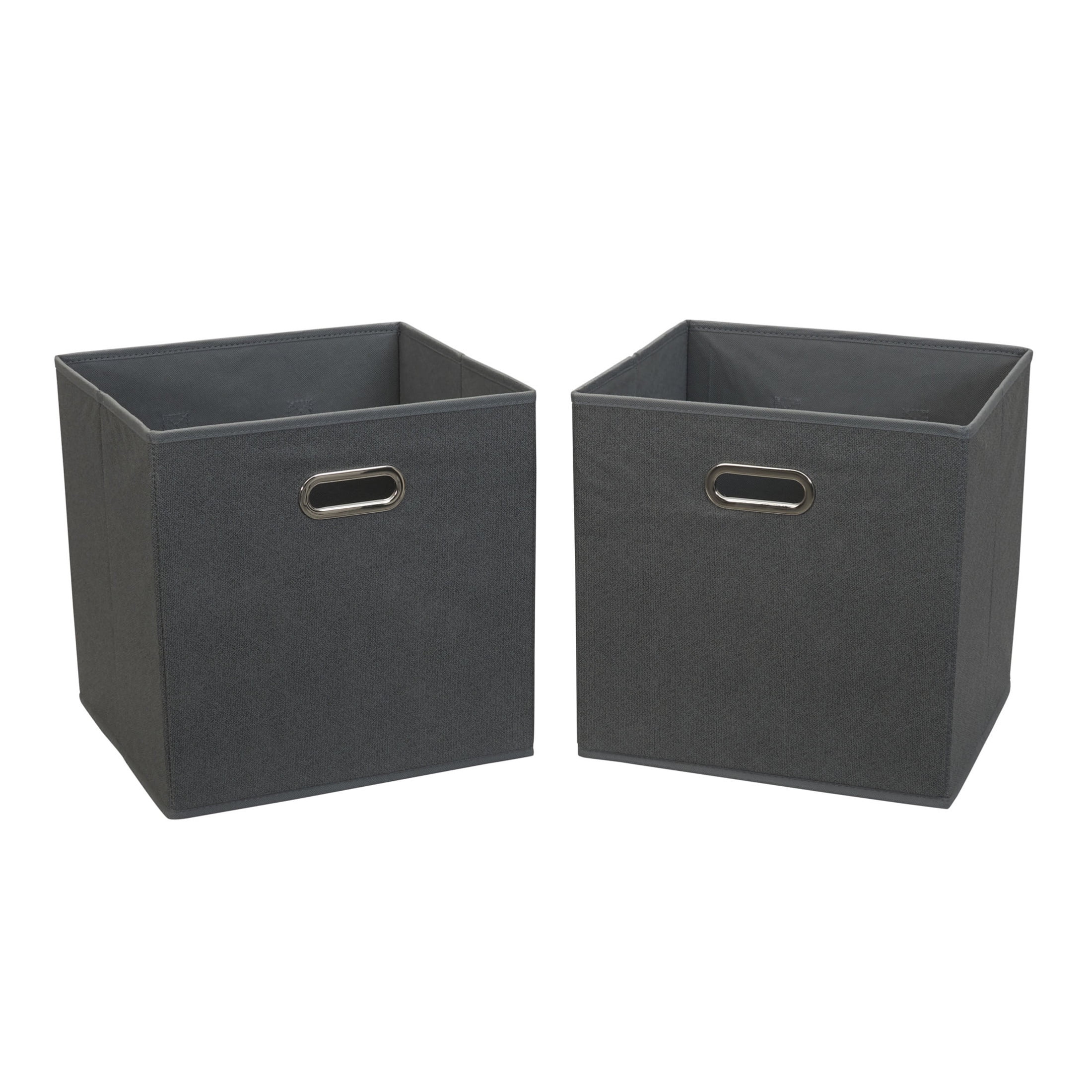 Household Essentials Fabric Storage Bins 2 Piece Set, Strong Poly-Woven Fabric, Sturdy Chipboard Sides, Grommet Front Handle, Stackable and Foldable, Classic Design, Black Cobblestone