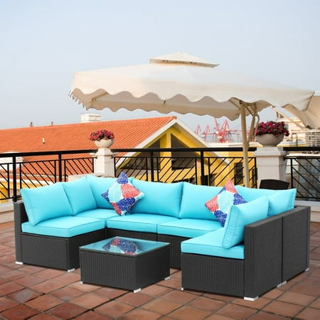 Ainfox 7 Pieces Outdoor Patio Furniture Conversation Sofa Set on Clearance(Blue)